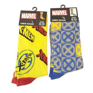 Marvel X-MEN 2-pair Cartoon Blue Yellow Novelty Mens Size 6-12 Crew Socks NWT